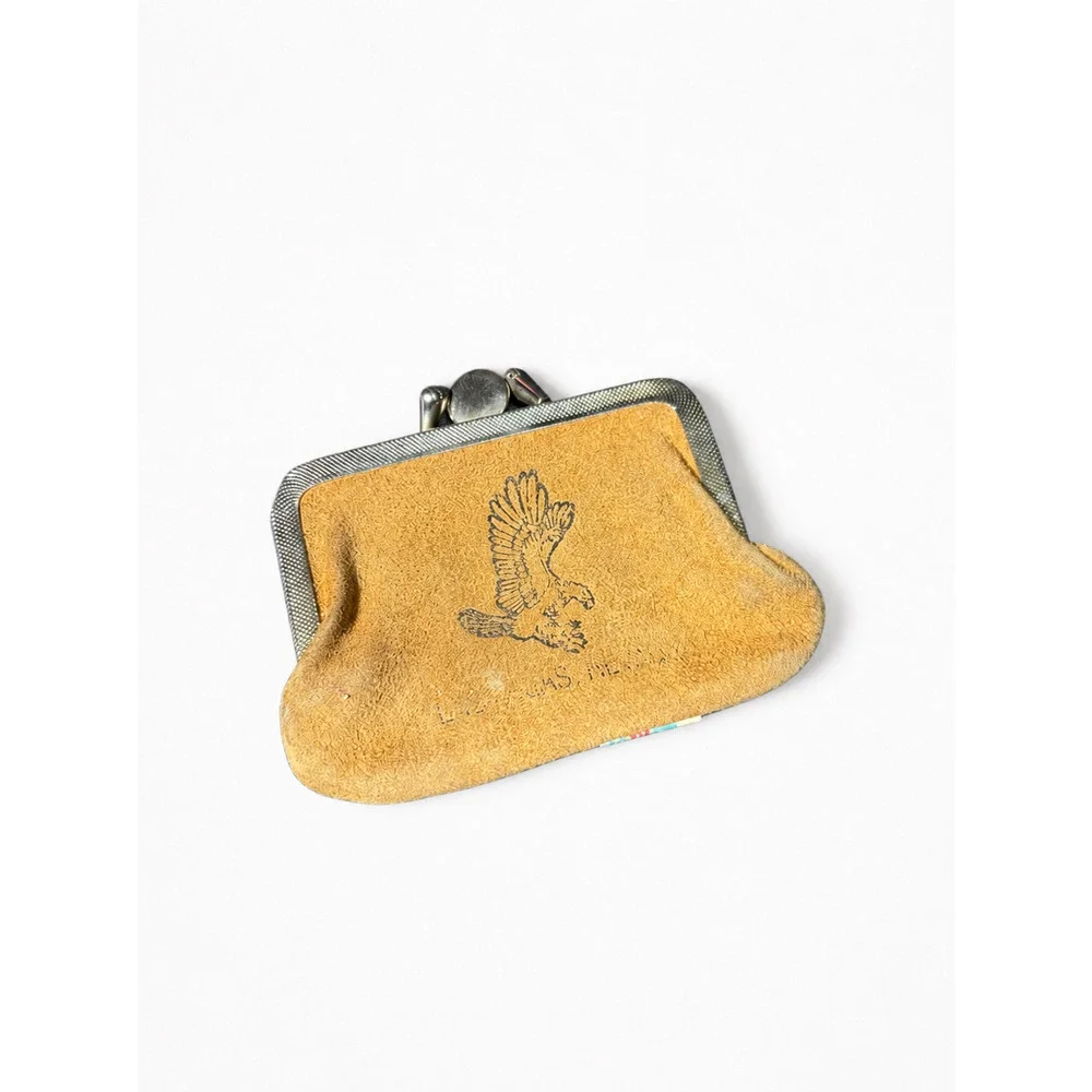 Vintage Tan Suede Pheasant Coin Purse Kiss-Lock Metal Frame